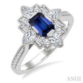 6X4 MM Octagon Cut Sapphire and 5/8 Ctw Art Deco Mixed Diamond Cut Precious Fashion Ring in 14K White Gold
