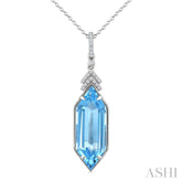 22X8 MM Hexagon Shape Blue Topaz and 1/10 Ctw Round Cut Diamond Semi-Precious Pendant With Chain in 14K White Gold