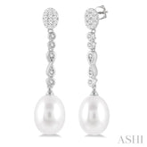 11x8.5 MM Cultured Pearls and 1/4 Ctw Round Cut Diamond Drop Hanging Lovebright Earrings in 14K White Gold