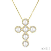 4 MM Round Shape Cultured Pearl and 1/4 Ctw Round Cut Diamond Cross Pendant With Chain in 14K Yellow Gold