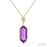 26x10 MM Hexagon Shape Amethyst and 1/2 Ctw Round Cut Diamond Halo Semi-Precious Pendant With Chain in 14K Yellow Gold