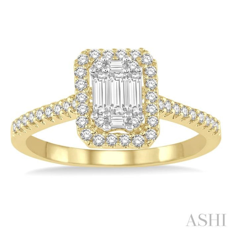 5/8 Ctw Emerald Shape Baguette and Round Cut Diamond Ring in 14K Yellow and White Gold