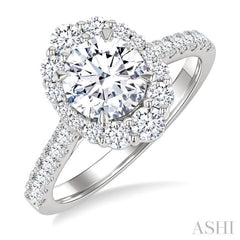 3/4 Ctw Scalloped Oval Centerpiece Circular Shape Round Cut Diamond Semi-Mount Engagement Ring in 14K White Gold