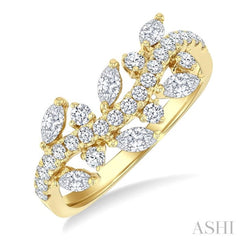 3/4 Ctw Curved Center Marquise and Round Cut Diamond Fashion Band in 14K Yellow Gold