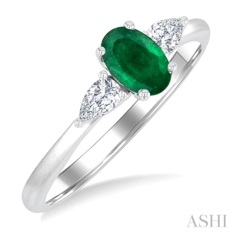 6X4 MM Oval Cut Emerald and 1/5 Ctw Pear Cut Diamond 3-Stone Precious Ring in 14K White Gold