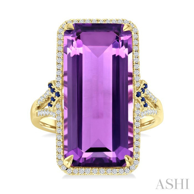 22X10 MM Evoque Gemstones Emerald Shape Amethyst and 0.80 MM Round Sapphire & 1/4 Ctw Round Cut Diamond Halo Semi-Precious Ring in 14K Yellow Gold