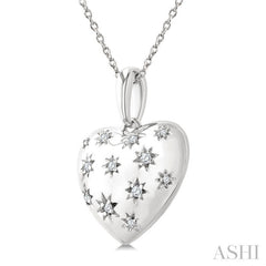1/10 Ctw Bold Star Engraved Puffed Heart Round Cut Diamond Pendant With Chain in Sterling Silver