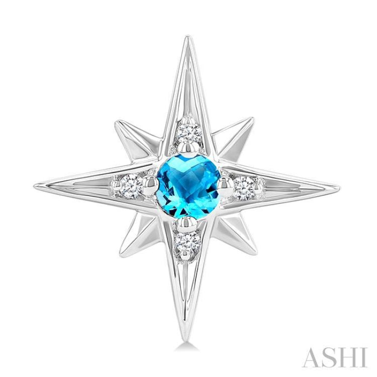 3 MM Round Cut Blue Topaz and 1/20 Ctw Round Cut Diamond Semi-Precious Fashion Earrings in Sterling Silver