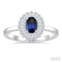 6X4 MM Oval Cut Sapphire and 1/3 Ctw Baguette Cut Diamond Halo Precious Fashion Ring in 14K White Gold