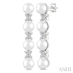5 MM Cultured Pearl and 1/6 Ctw Round Cut Diamond Floral Fashion Earrings in 14K White Gold