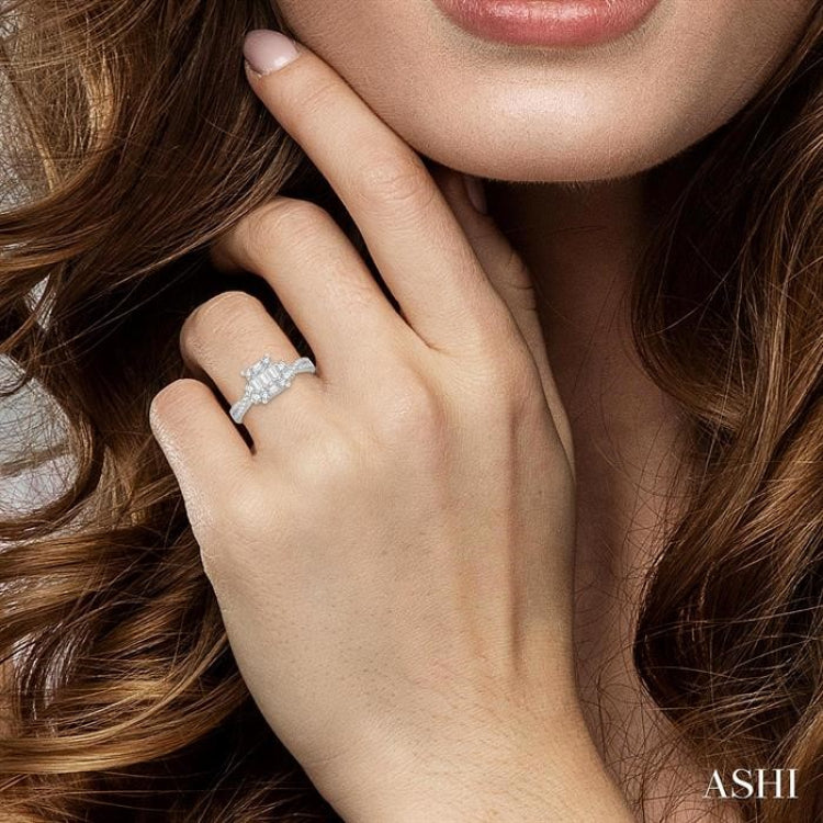 3/4 Ctw Split Criss Cross Shank Fusion Baguette and Round Cut Diamond Engagement Ring in 14K White Gold