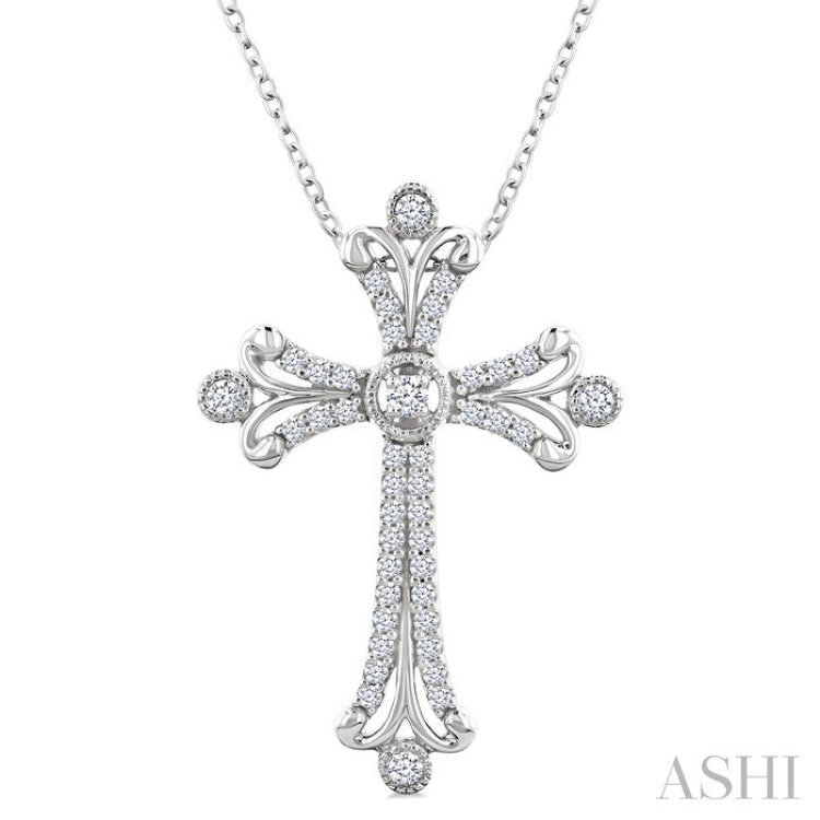 1/3 Ctw Cross Round Cut Diamond Fashion Pendant With Chain in 14K White Gold