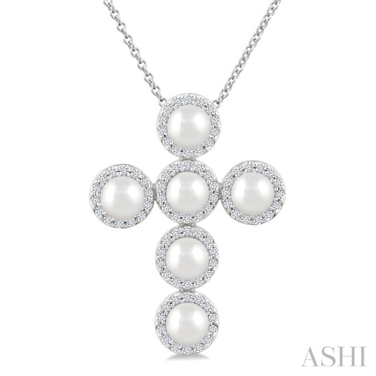 4 MM Cross Cultured Pearl and 1/3 Ctw Round Cut Diamond Pendant With Chain in 14K White Gold