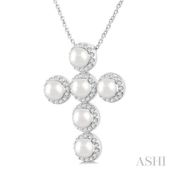 4 MM Cross Cultured Pearl and 1/3 Ctw Round Cut Diamond Pendant With Chain in 14K White Gold