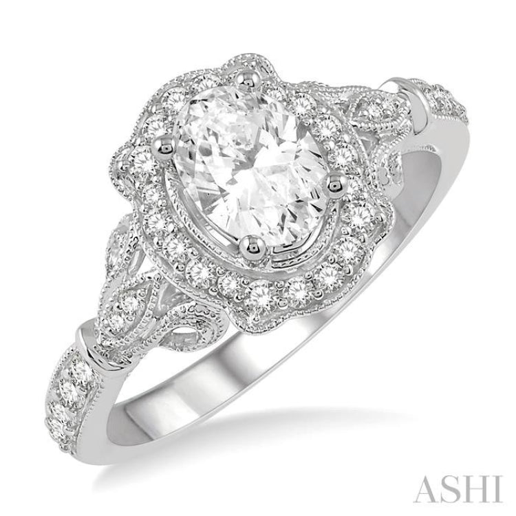 1/3 Ctw Lattice Oval Shape Semi-Mount Round Cut Diamond Engagement Ring in 14K White Gold