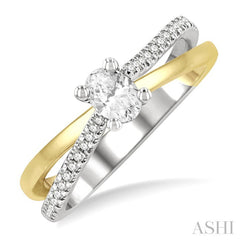 1/2 Ctw Two Tone Criss Cross Round & Oval Cut Diamond Engagement Ring With 1/3 Ct Oval Cut Center Stone in 14K White and Yellow Gold