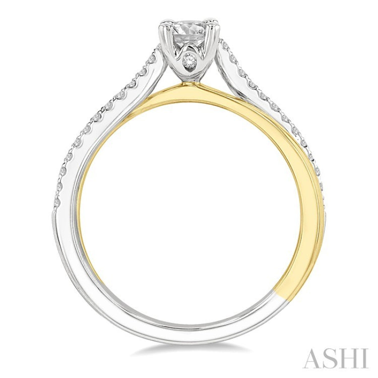 1/2 Ctw Two Tone Criss Cross Round & Oval Cut Diamond Engagement Ring With 1/3 Ct Oval Cut Center Stone in 14K White and Yellow Gold