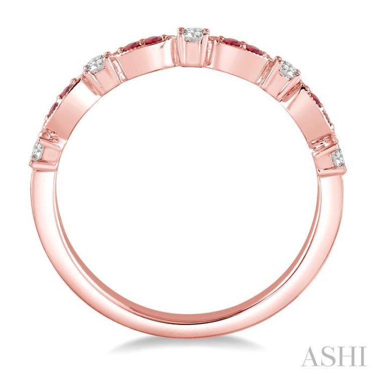 1.35 MM Ruby and 1/6 Ctw Round Cut Diamond Precious Stone Wedding Band in 14K Rose Gold