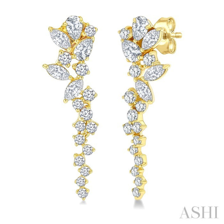 1 Ctw Mixed Shape Diamond Scatter Fashion Long Earring in 14K Yellow Gold