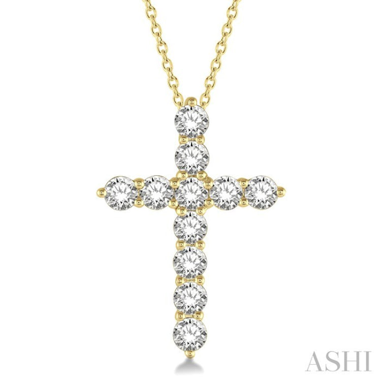 1 1/2 Ctw Round Cut Diamond Cross Pendant in 14K Yellow Gold with Chain