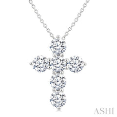 1 1/2 Ctw Round Cut Diamond Christian Cross 6-Stone Fashion Pendant With Chain in 14K White Gold