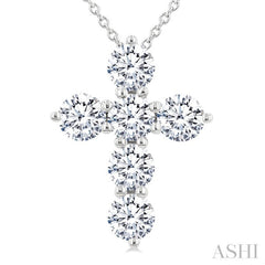 1 1/2 Ctw Round Cut Diamond Christian Cross 6-Stone Fashion Pendant With Chain in 14K White Gold