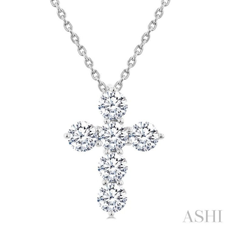 1 Ctw Round Cut Diamond Christian Cross 6-Stone Fashion Pendant With Chain in 14K White Gold
