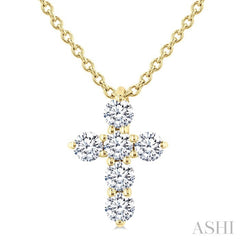 1/4 Ctw Round Cut Diamond Christian Cross 6-Stone Fashion Pendant With Chain in 14K Yellow Gold