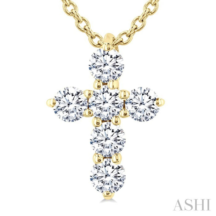 1/4 Ctw Round Cut Diamond Christian Cross 6-Stone Fashion Pendant With Chain in 14K Yellow Gold