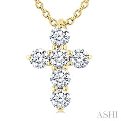 1/4 Ctw Round Cut Diamond Christian Cross 6-Stone Fashion Pendant With Chain in 14K Yellow Gold