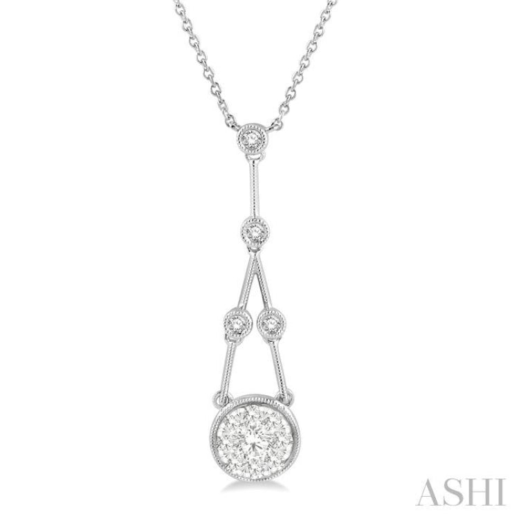 5/8 Ctw Bar & Circular Mount Motif Round Cut Diamond Lovebright Necklace in 14K White Gold