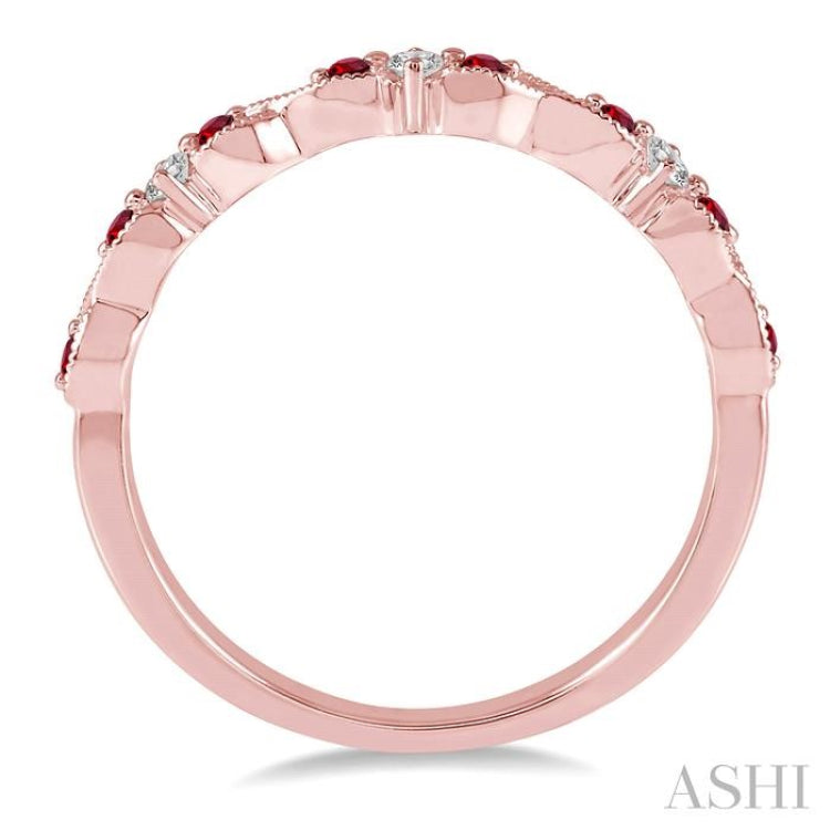 1.25 MM Ruby and 1/10 Ctw Round Cut Diamond Precious Wedding Band in 14K Rose Gold
