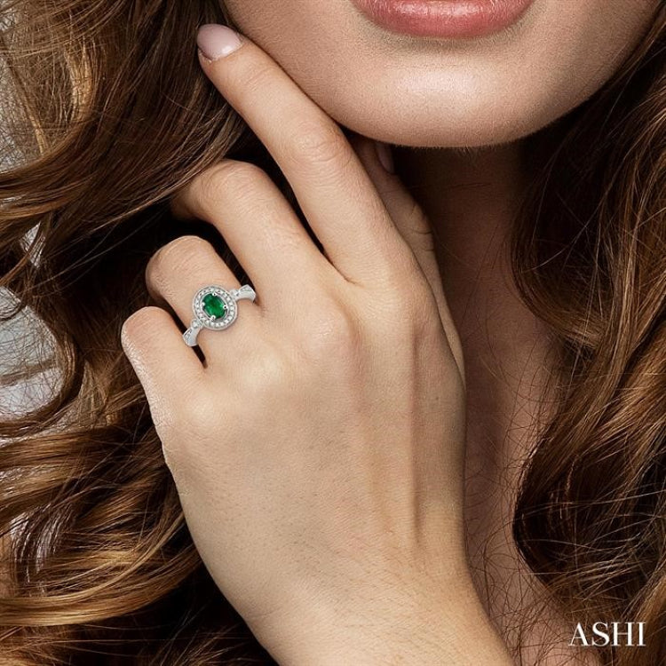 6x4 MM Oval Cut Emerald and 1/5 Ctw Round Cut Diamond Ring in 14K White Gold