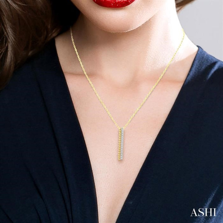 1/6 Ctw Circular Bead & Round Cut Diamond Bar Pendant With Chain in 14K Yellow Gold