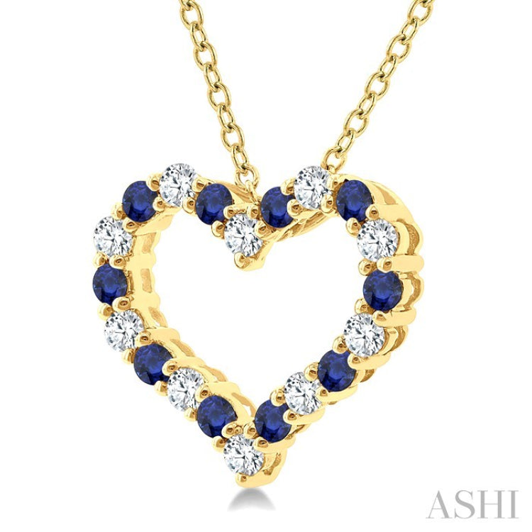 1.4 MM Round Cut Sapphire and 1/8 Ctw Open Heart Round Cut Diamond Precious Fashion Pendant With Chain in 14K Yellow Gold