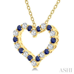 1.4 MM Round Cut Sapphire and 1/8 Ctw Open Heart Round Cut Diamond Precious Fashion Pendant With Chain in 14K Yellow Gold