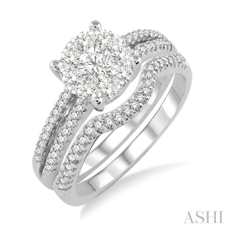 3/4 Ctw Diamond Wedding Set with 3/4 Ctw Round Cut Engagement Ring and 1/10 Ctw Wedding Band in 14K White Gold