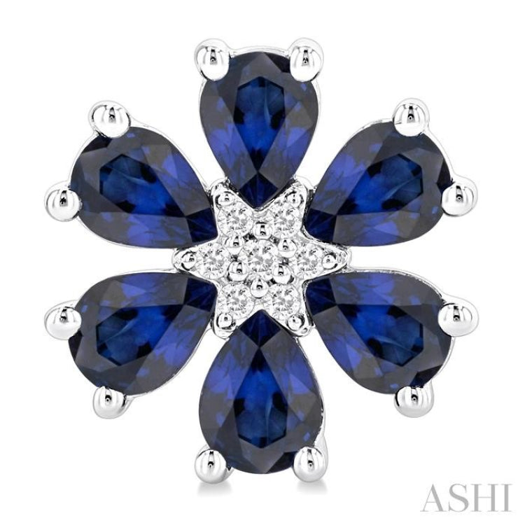 4X3 MM Floral Blossom Pear Cut Sapphire and 1/20 Ctw Round Cut Diamond Precious Stud Earrings in 14K White Gold