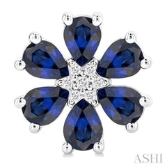 4X3 MM Floral Blossom Pear Cut Sapphire and 1/20 Ctw Round Cut Diamond Precious Stud Earrings in 14K White Gold