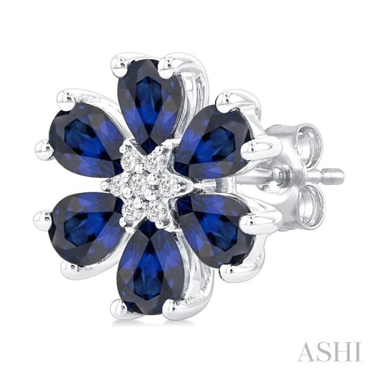 4X3 MM Floral Blossom Pear Cut Sapphire and 1/20 Ctw Round Cut Diamond Precious Stud Earrings in 14K White Gold