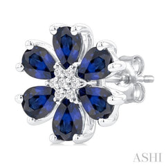 4X3 MM Floral Blossom Pear Cut Sapphire and 1/20 Ctw Round Cut Diamond Precious Stud Earrings in 14K White Gold