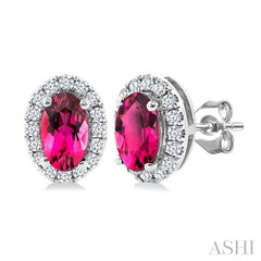 5x3 MM Oval Shape Pink Tourmaline and 1/8 Ctw Round Cut Diamond Halo Semi-Precious Stud Earrings in 14K White Gold