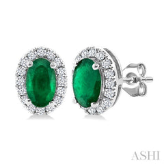 5x3 MM Oval Shape Emerald and 1/8 Ctw Round Cut Diamond Halo Precious Stud Earrings in 14K White Gold