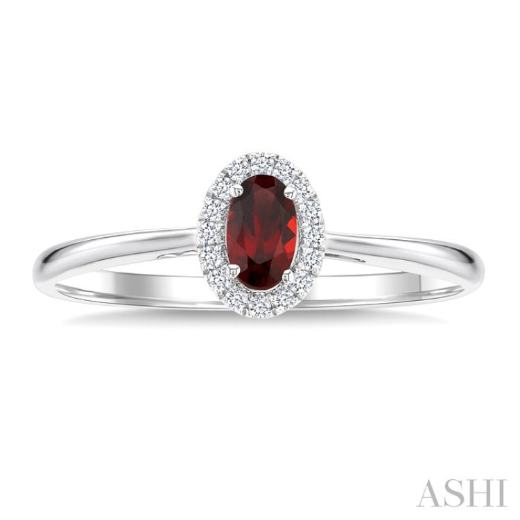 5x3 MM Oval Shape Garnet and 1/20 Ctw Round Cut Diamond Halo Semi-Precious Ring in 14K White Gold