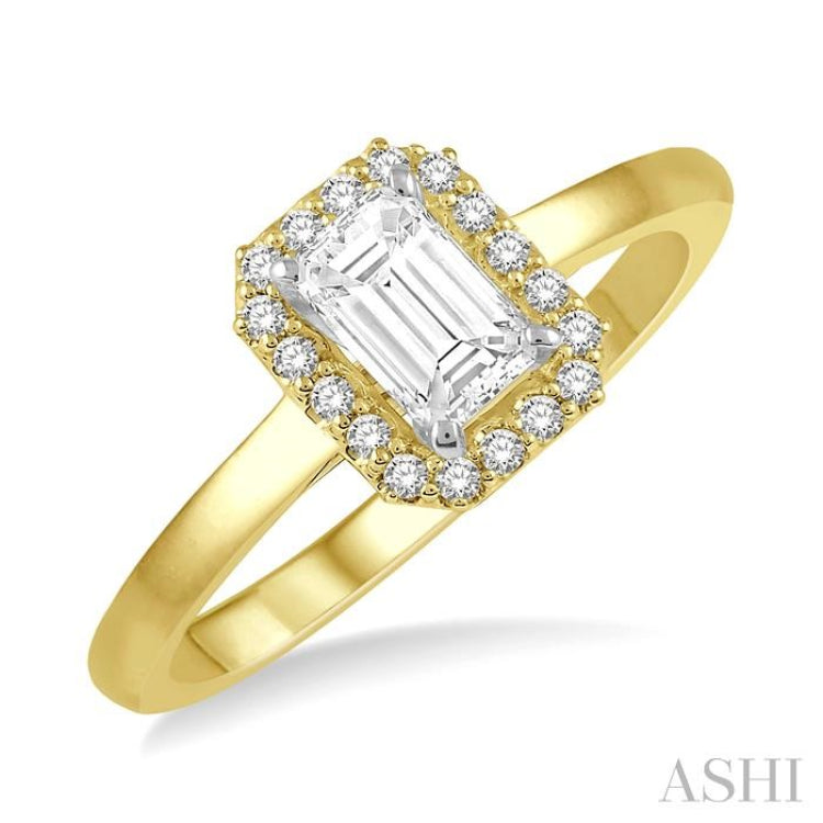 1/3 Ctw Round Cut Diamond Engagement Ring With 1/4 Ct Emerald Cut Center Stone in 14K Yellow and White Gold