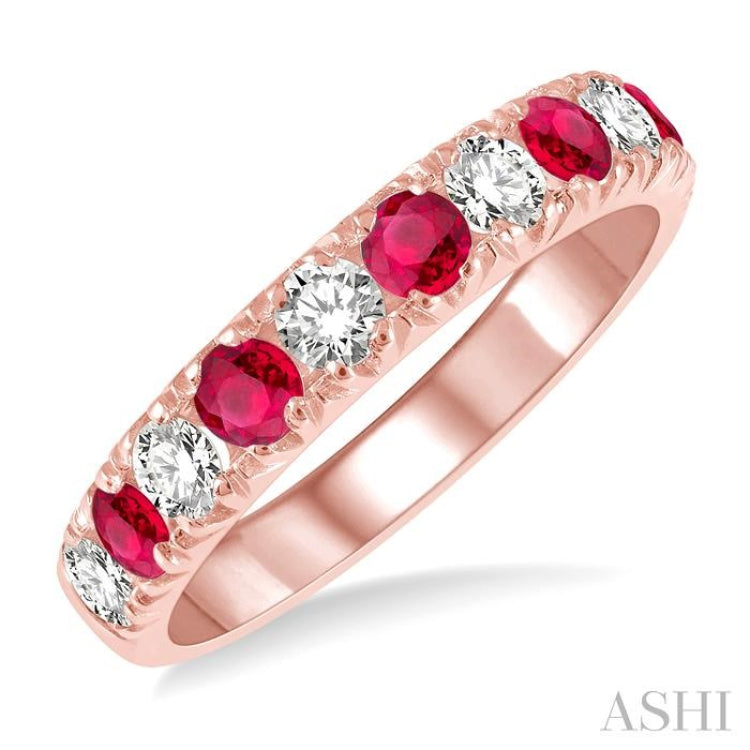 2.9 MM Ruby and 1/2 Ctw Round Cut Diamond Precious Wedding Band in 14K Rose Gold