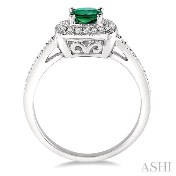 5x5 MM Cushion Shape Emerald and 1/4 Ctw Round Cut Diamond Ring in 14K White Gold