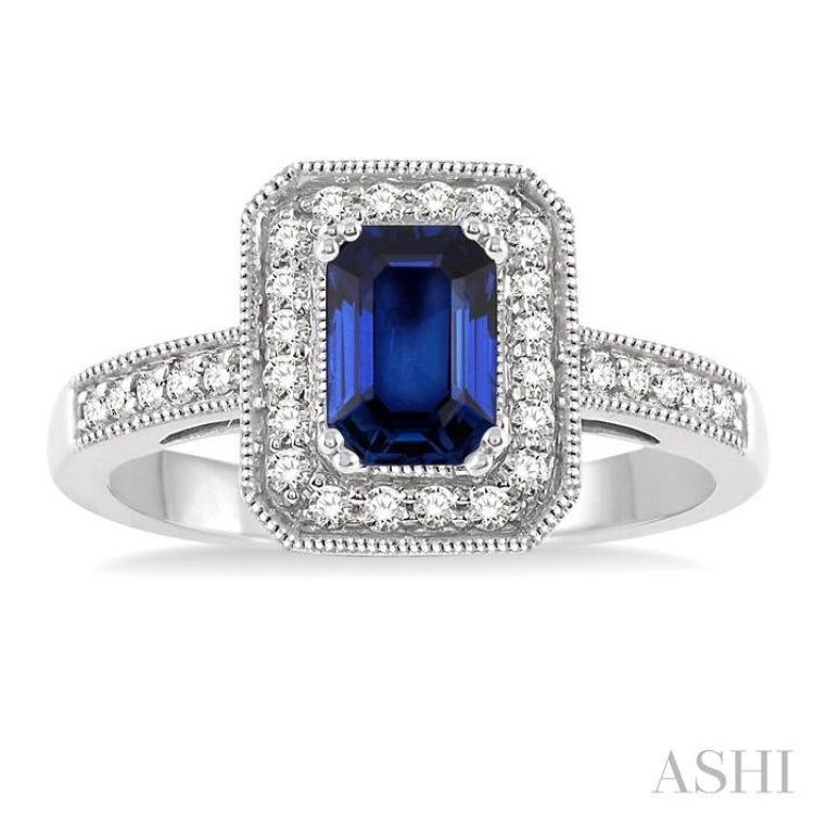 6x4 MM Emerald Shape Sapphire and 1/4 Ctw Round Cut Diamond Ring in 14K White Gold