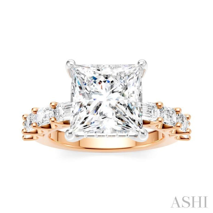1 1/3 Ctw Princess Shape Emerald and Round Cut Diamond Semi-Mount Engagement Ring in 14K Rose and White Gold