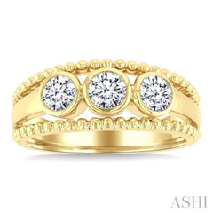 3/4 Ctw 3-Stone Bezel Set Round Cut Diamond Bead Bijoux Fashion Ring in 14K Yellow Gold